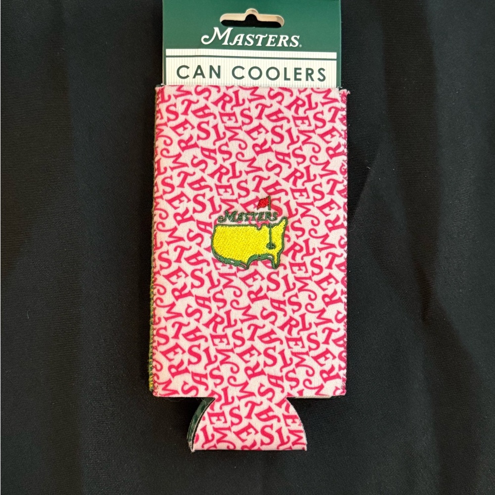 Masters Pink and Green 2 piece Pattern Can Cooler with Yellow Map Logo